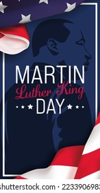 Text Martin Luther King Day on the vertical background of black man and usa flag