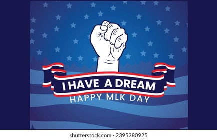Text Martin Luther King Day on the background of black man and usa flag. Vector illustration.
