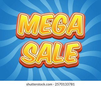 

 Text 'MEGA SALE' on blue background with rays. Suitable for advertising sales, promotions and promos. Style - comic book, bold font, bright yellow-orange letters with volumetric effect.

