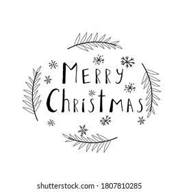 Text Merry Christmas with decorations black composition isolated on white background. Celebration, greeting decoration.