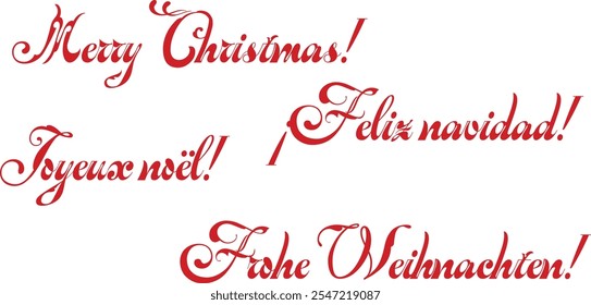 Text Merry Christmas in English, German, French, Spanish languages on white isolated background