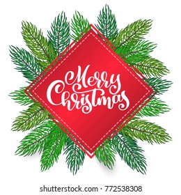 text Merry Christmas hand written calligraphy lettering on the background of a Christmas tree. Handmade vector illustration. Fun brush ink typography for photo overlays, t-shirt print, flyer, poster