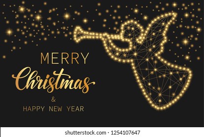 Text Merry Christmas and Happy New Year. Bright shiny angel on a black background with golden stars. Festive illustration for your design. Vector illustration.