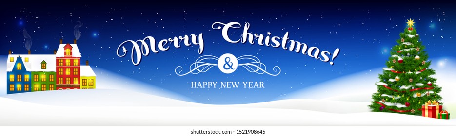 Text Merry Christmas & Happy New Year on winter night background with decorated spruce tree, present boxes and cute houses in a snow landscape. Realistic vector illustration 