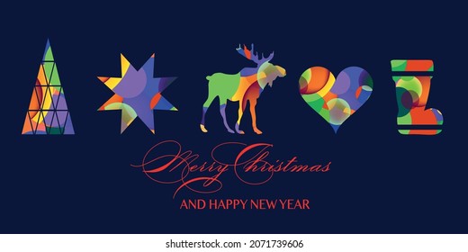 Text, Merry Christmas and Happy New Year with colorful X-mas elements. decorative Christmas ornaments 