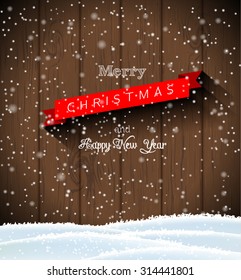 text merry christmas and happy new year on dark brown wooden wall, with snow and snowflakes, vector illustration, eps 10 with transparency and gradient meshes