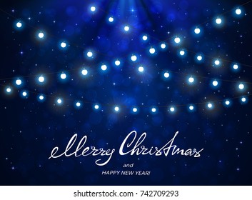 Text Merry Christmas and Happy New Year with white Christmas lights. Holiday decorations on blue background with stars, illustration.