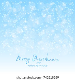Text Merry Christmas and Happy New Year on blue winter background with snowflakes, illustration.