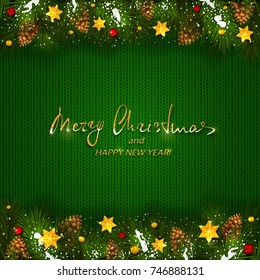 Text Merry Christmas and Happy New Year on green knitted background with holiday decorations. Decorative spruce branches with snow, pine cones, golden Christmas stars and beads, illustration.