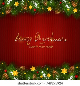 Text Merry Christmas and Happy New Year on red knitted background with holiday decorations. Decorative spruce branches with snow, pine cones, golden Christmas stars and beads, illustration.