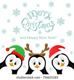 Text Merry Christmas And Happy New Year With Snowflakes And Three Little Cute Penguins With Santa Hat, Elf Hat And Reindeer Antlers Isolated On White Background, Illustration.