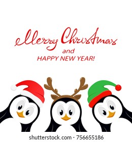 Text Merry Christmas And Happy New Year With Three Little Cute Penguins With Santa Hat, Elf Hat And Reindeer Antlers Isolated On White Background, Illustration.