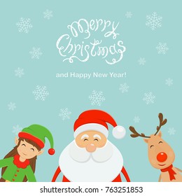 Text Merry Christmas and Happy New Year with falling snowflakes on blue background. Happy Santa Claus with elf and reindeer, illustration.