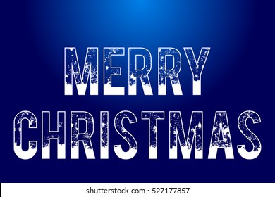 text Merry Christmas on blue background, isolated snowy outlined text, vector holiday illustration