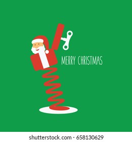 text merry christmas on a flat design green background & one red gift cartoon vector like a wind up key toy with a santa claus isolated like a sweet & cute pop up game for children