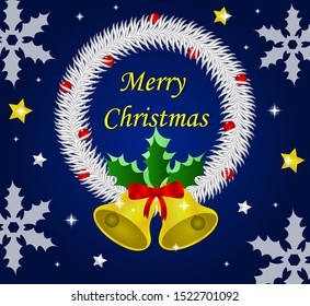 Text merry christmas with white christmas decorations and golden bells. winter concept with blue background