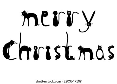Text merry Christmas write with silhouettes of cats. Festive lettering
