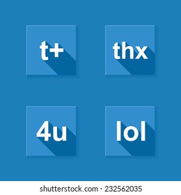Text Message Abbreviation Illustration (t+, thx, 4u, lol) in blue with long shadow