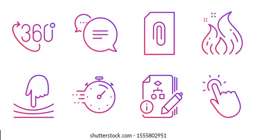 Text message, Attachment and Timer line icons set. Elastic, 360 degree and Algorithm signs. Fire energy, Touchpoint symbols. Chat bubble, Attach document. Technology set. Vector