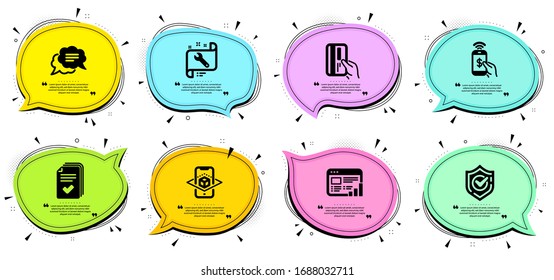 Text message, Augmented reality and Phone payment signs. Chat bubbles with quotes. Spanner, Web report and Handout line icons set. Payment card, Confirmed symbols. Repair service, Graph chart. Vector