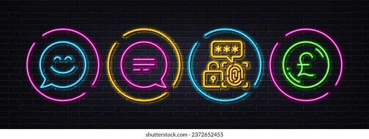 Text message, Biometric security and Smile chat minimal line icons. Neon laser 3d lights. Pound money icons. For web, application, printing. Chat bubble, Fingerprint secure, Happy face. Vector