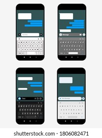 Text message box on smartphone screen with qwerty keyboard.  Mobile phone chatting sms empty dialog bubbles template. Illustration vector