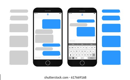 Text message boxes on smartphone screen Empty text bubbles set Dialog bubles Messaging interface with qwerty keyboard and realistic  modern mobile phone 