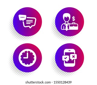 Text message, Businessman case and Time icons simple set. Halftone dots button. Phone survey sign. Chat bubble, Human resources, Office clock. Mobile quiz test. Business set. Vector