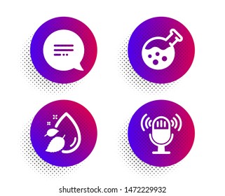 Text message, Chemistry lab and Water drop icons simple set. Halftone dots button. Microphone sign. Chat bubble, Laboratory, Serum oil. Mic. Business set. Classic flat text message icon. Vector