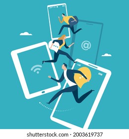 Mensaje de texto y concepto de comunicación. La gente lleva burbujas de texto y salta entre dispositivos. Ilustración del vector