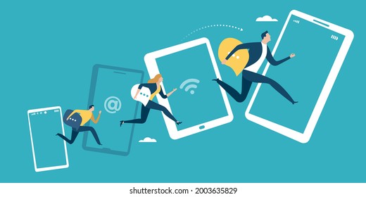 Text message and communication concept. People carry text bubbles and jumping between mobile devices. Vector illustration