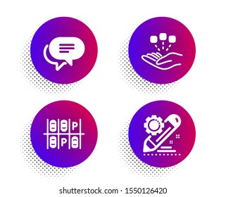 Text message, Consolidation and Parking place icons simple set. Halftone dots button. Project edit sign. Chat bubble, Strategy, Transport. Settings. Technology set. Vector