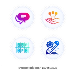 Mensajes de texto, Iconos de consolidación y estacionamiento simple conjunto. Botón con puntos de tono medio. Signo de edición del proyecto. Burbuja de chat, estrategia, transporte. Configuración. Conjunto tecnológico. Vector