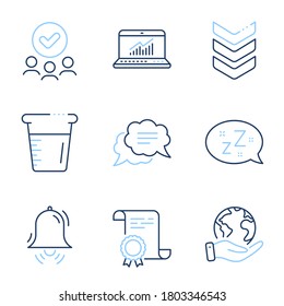 Text message, Cooking beaker and Online statistics line icons set. Diploma certificate, save planet, group of people. Sleep, Clock bell and Shoulder strap signs. Vector