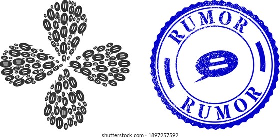 Text message exploding flower with four petals, and blue round RUMOR unclean stamp with icon inside. Element whirlpool designed from oriented text message symbols. Vector flower collage in flat style.