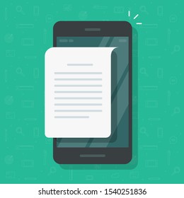 Text message or file reading on cellphone or mobile phone vector illustration, flat cartoon smartphone with paper page or document sheet with letter on screen, email correspondence modern design