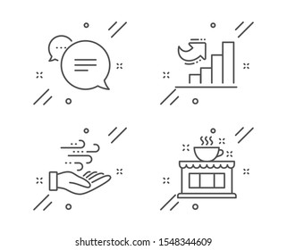 Text message, Growth chart and Wind energy line icons set. Coffee shop sign. Chat bubble, Diagram graph, Breeze power. Tea house. Business set. Line text message outline icon. Vector