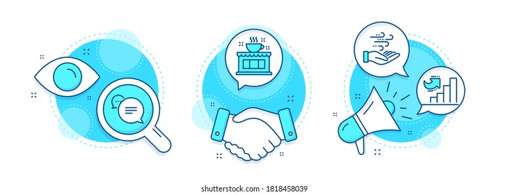 Textnachrichten, Wachstumstabelle und Symbole der Windenergie-Linie. Handshake Deal, Forschung und Förderung komplexe Symbole. Coffee Shop-Schild. Chat-Blase, Diagramm, Brise-Kraft. Teehaus. Vektorgrafik