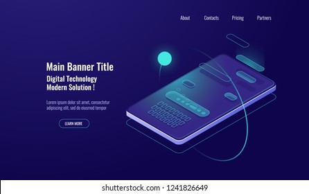 Text message isometric, mobile chat dialog, messenger concept, mobile phone keyboard, chatbot, support online, feedback application dark neon vector background