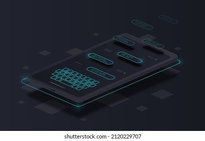 Text message isometric. Modern applications for communication. Internet, correspondence of friends, social networks and dialogue. People exchanging messages on phone. Isometric vector illustration