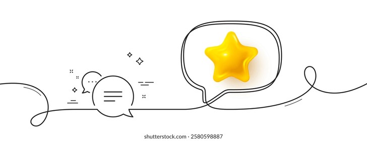 Text message line icon. Continuous line with 3d star. Chat comment sign. Speech bubble symbol. 3d star in speech bubble. Text message single line ribbon. Loop curve pattern. Vector