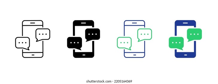 Text Message on Mobile Phone Silhouette and Line Icon. Smart Phone Mail Online Chat Speech Bubble Pictogram. Smartphone Screen SMS Notification Icon. Editable Stroke. Isolated Vector Illustration.