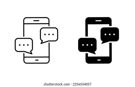 Text Message on Mobile Phone Silhouette and Line Icon Set. Smart Phone Mail Online Chat Speech Bubble Pictogram. Smartphone Screen SMS Notification Sign. Editable Stroke. Isolated Vector Illustration.