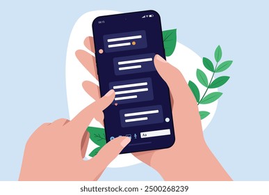 Text message on mobile phone screen - Hand holding smartphone texting and typing with finger on touchscreen. Online messaging and communication concept in flat design front view vector illustration