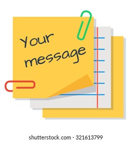 Text message on paper stickers for notes, flat vector illustration