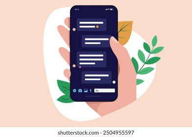 Text message on phone - Hand holding mobile smartphone with sms or social media conversation on screen. Texting concept in flat design vector illustration
