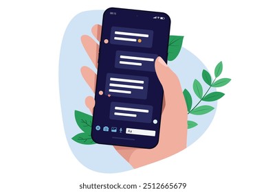 Mensagem de texto no telefone - Mão segurando smartphone móvel, mensagens de texto e leitura na tela. Vista frontal plana design vetor ilustração com fundo branco