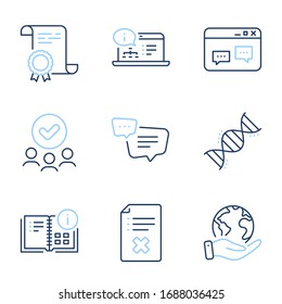 Text message, Online documentation and Reject file line icons set. Diploma certificate, save planet, group of people. Browser window, Chemistry dna and Instruction info signs. Vector