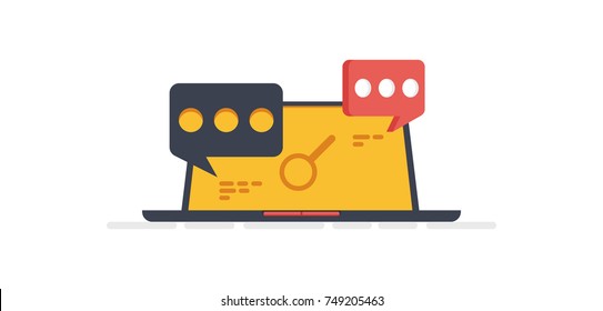  Text message searching, message history finding, laptop computer with bubble pop-up messages, magnifying glass concept isolated on white background