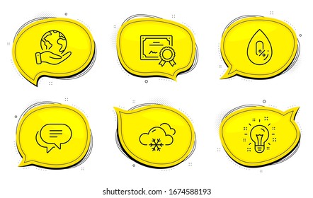 Text message sign. Diploma certificate, save planet chat bubbles. Snow weather, No alcohol and Idea line icons set. Snowflake, Mineral oil, Creativity. Chat bubble. Business set. Vector